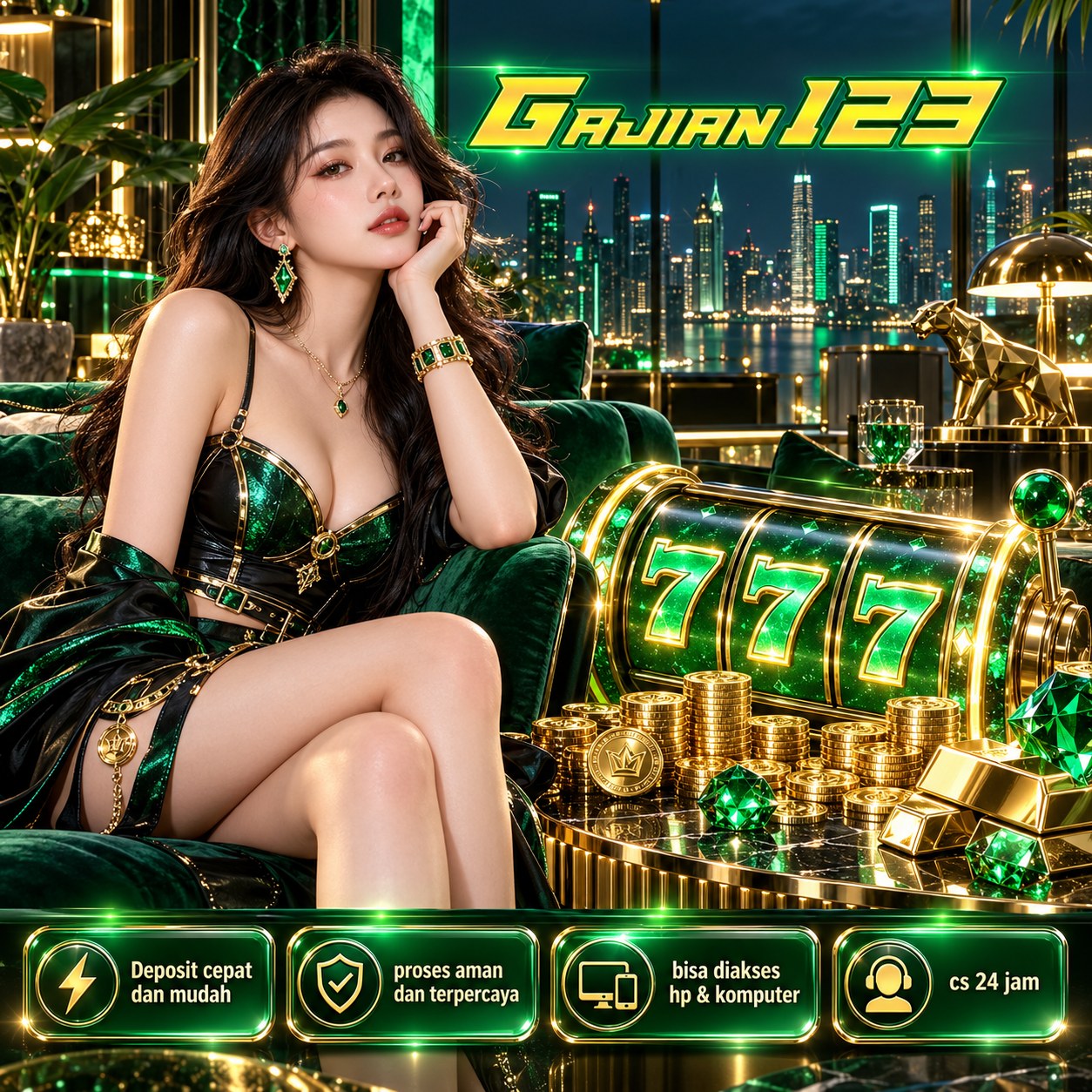 Banner GAJIAN123: ilustrasi permainan dan karakter bertema fantasi